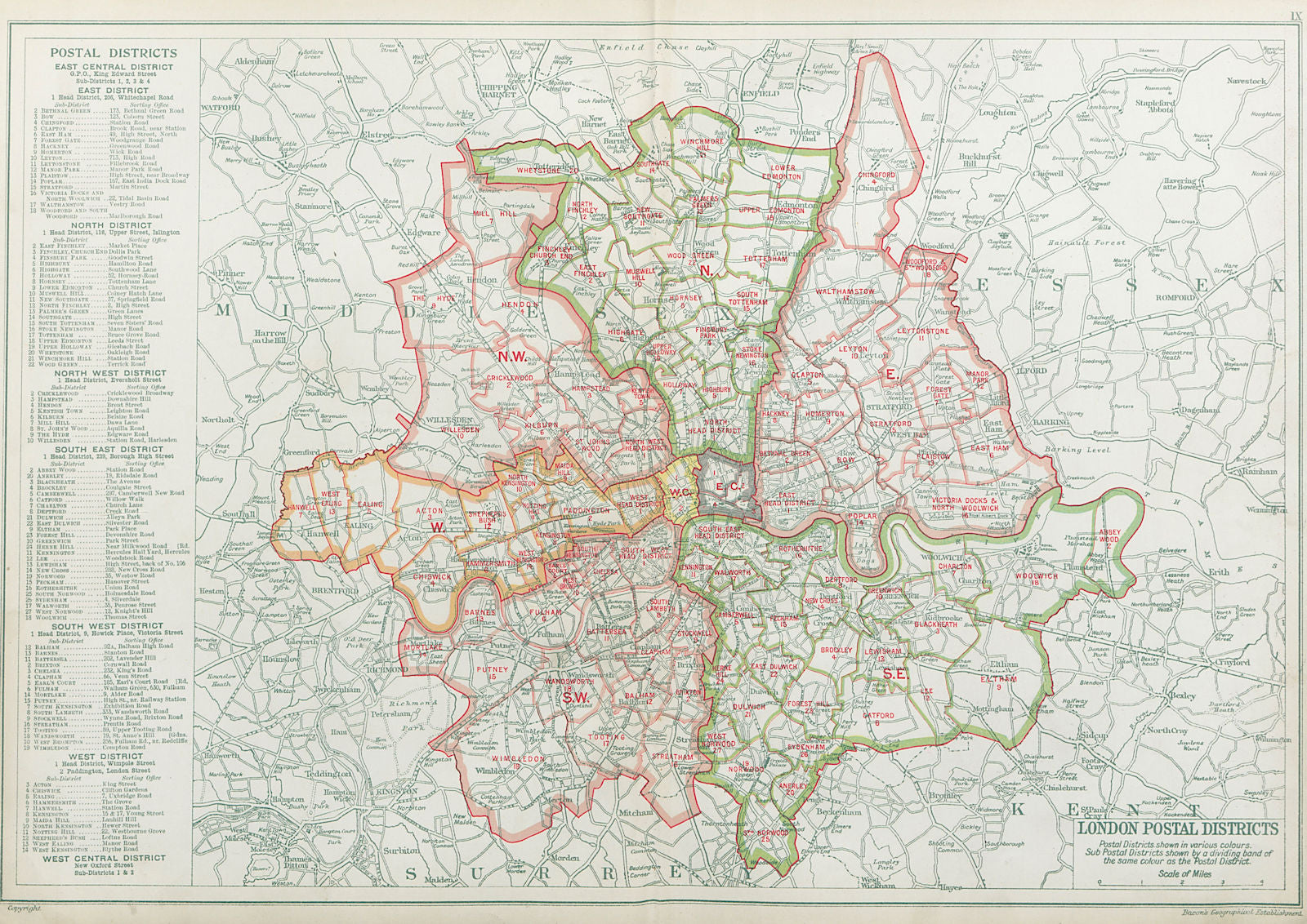 LONDON POSTAL DISTRICTS. Post code areas. N NW W SW SE E. BACON 1920 old map